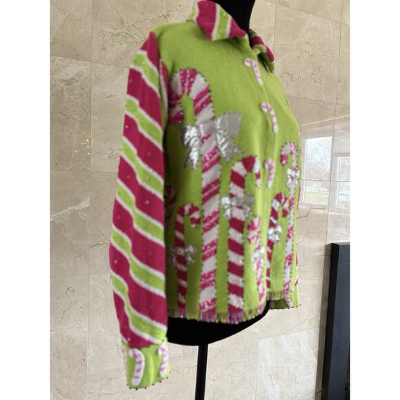 Design Options Philip Jane Gordon Cardigan - S Green Pink Candy Cane Beaded WOW! - Picture 3 of 10